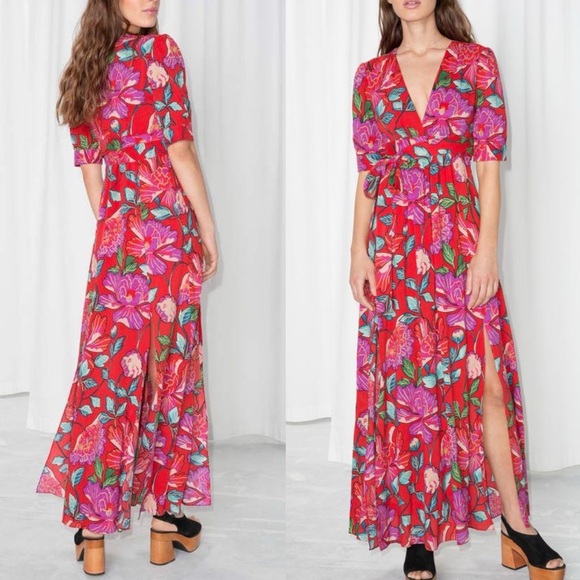 & Other Stories Red Floral Maxi Dress Bold Florals Sz 8 - Picture 1 of 8